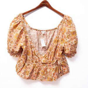NWT American Eagle Floral Puff Sleeve Wrap Top Boho Blouse L Cottagecore Prairie